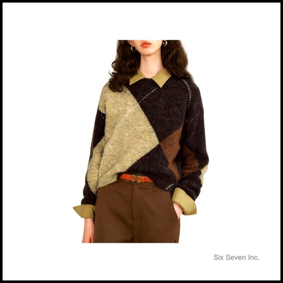 Crop Knit Argyle Pullover Y2K Retro Loose Fit Casual Sweater Long Sleeve